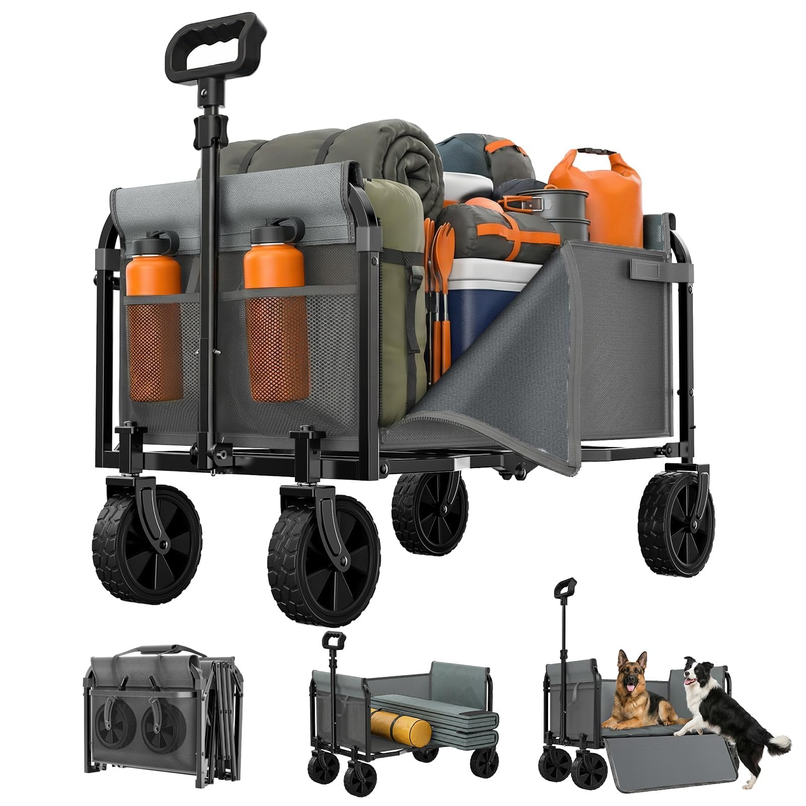 - Portable Collapsible Wagon Cart, Foldable Cart with Removable Side, Utility Groceries Wagon for Dogs Cats Camping Beach Shopping Sports Gardeing Fishing, Gray