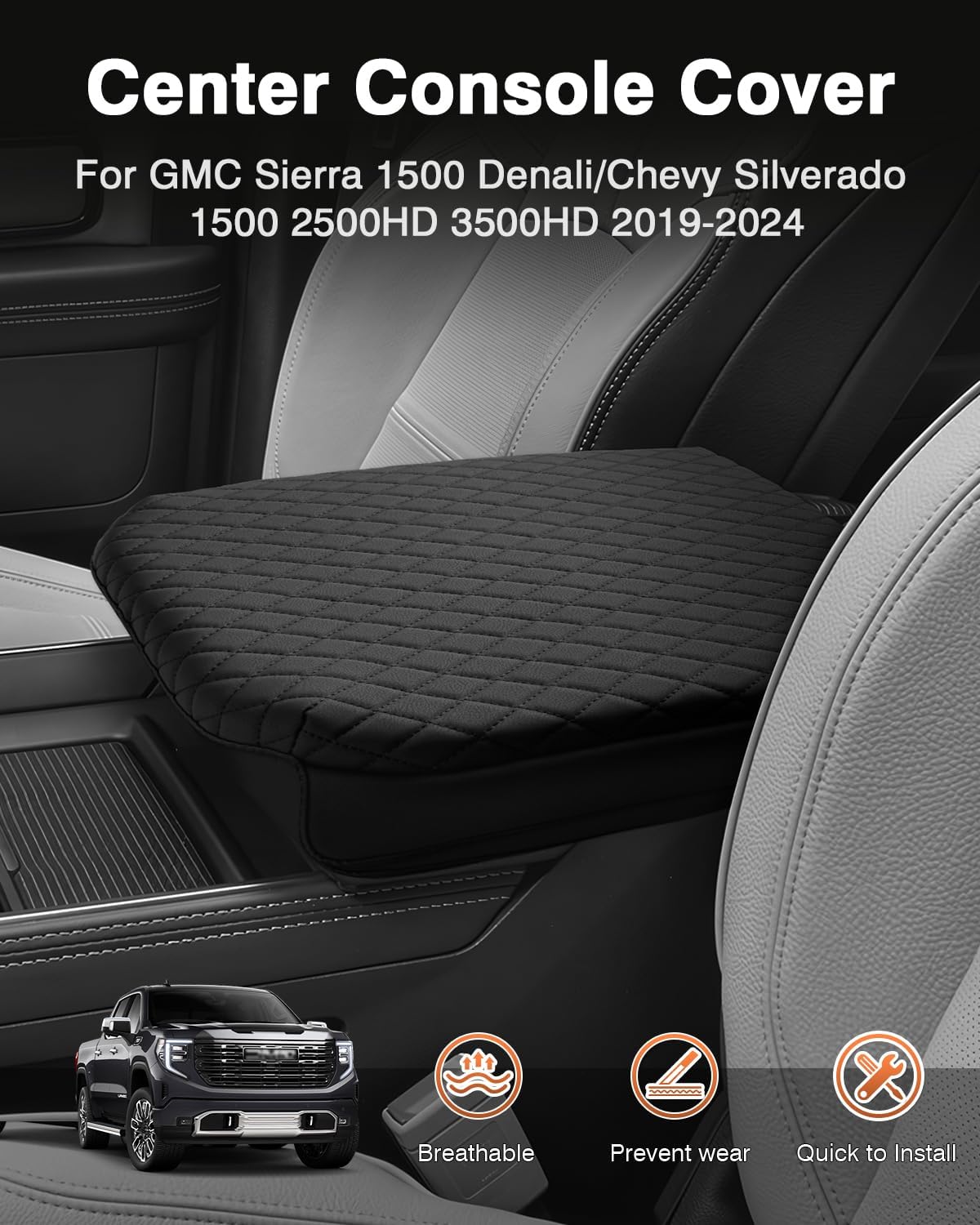 Shademax Custom Fit for Center Console Cover 2019-2024 2025 2026 GMC Sierra 1500/Chevy Silverado 1500 2500HD 3500HD Armrest Cushion Pad Cover PU Leather Sierra Silverado Accessories Anti-Scratch Black