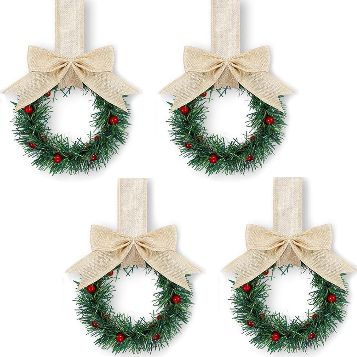 Fnaobai Christmas Kitchen Cabinet Wreaths with Ribbon 4PCS Mini Christmas Artificial Green Leaves Bauble Wreath for Xmas Window Wall Front Door Decor 5.1in (Linen)