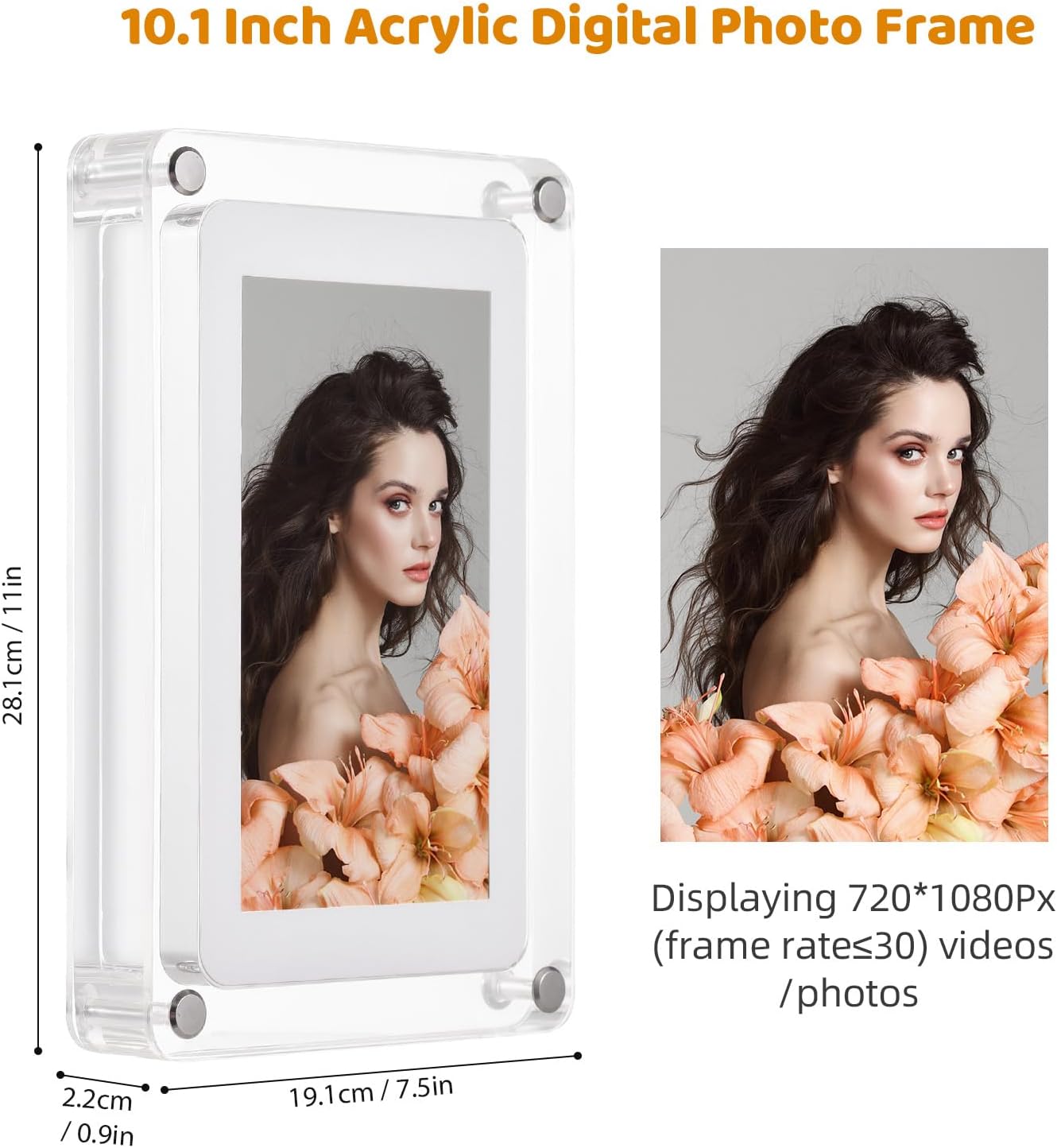 Andoer digital photo frame with dimensions labeled: 28.1cm/11in height, 19.1cm/7.5in width, 2.2cm/0.9in thickness. Text indicates 'Displaying 720*1080Px (frame rate≤30) videos/photos'.