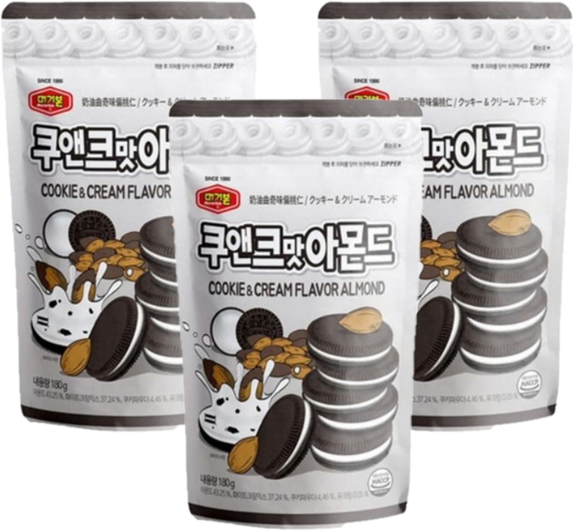 MURGERBON Almond Snack Box - Strawberry Tiramisu Yogurt Wasabi Spicy Honey Butter Cookie & Cream (180g~200g/Pack) (COOKIE AND CREAM, 3 Packs)