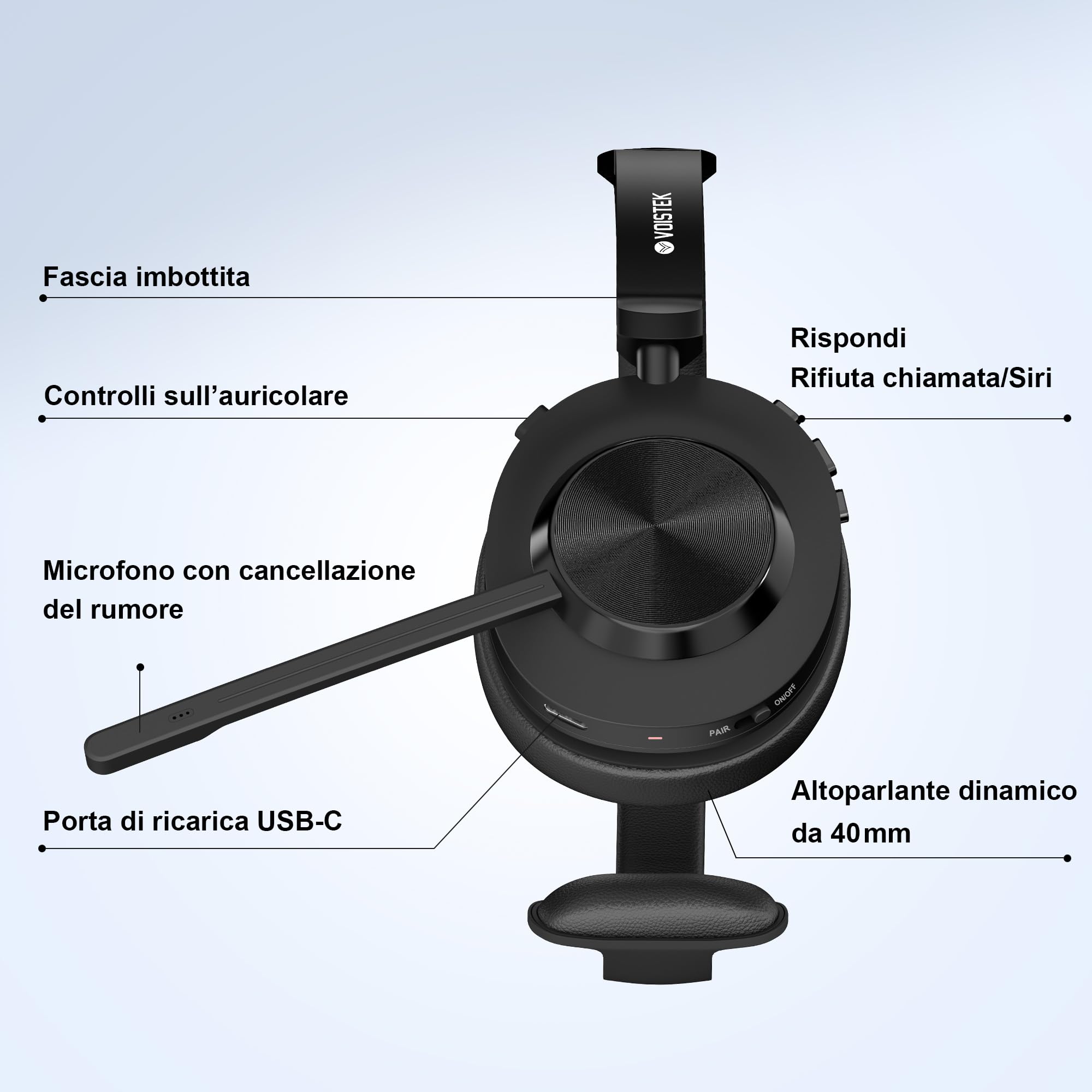 Voistek Cuffie Bluetooth Wireless con Microfono e Cancellazione del Rumore, Dongle USB per PC, Pulsante Muto, Ideali per Ufficio, Meeting, Zoom, Call Center, Homeoffice, Computer(Nero senza base)