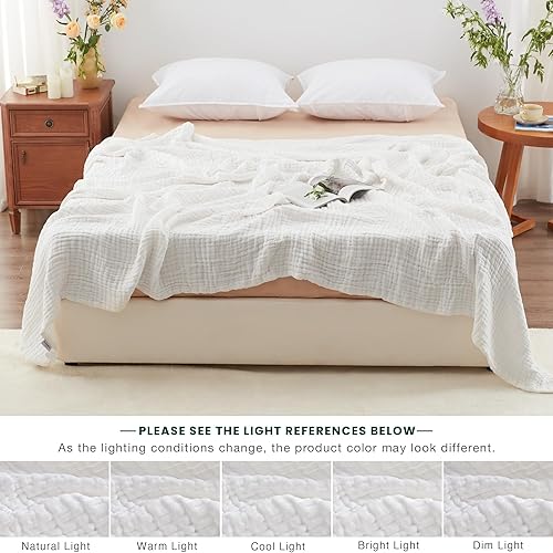 Miniatura 6 de Love's cabin Manta de muselina de algodón de 6 capas, 100 x 80 pulgadas, manta de muselina tamaño King para cama, sofá, manta de muselina blanca