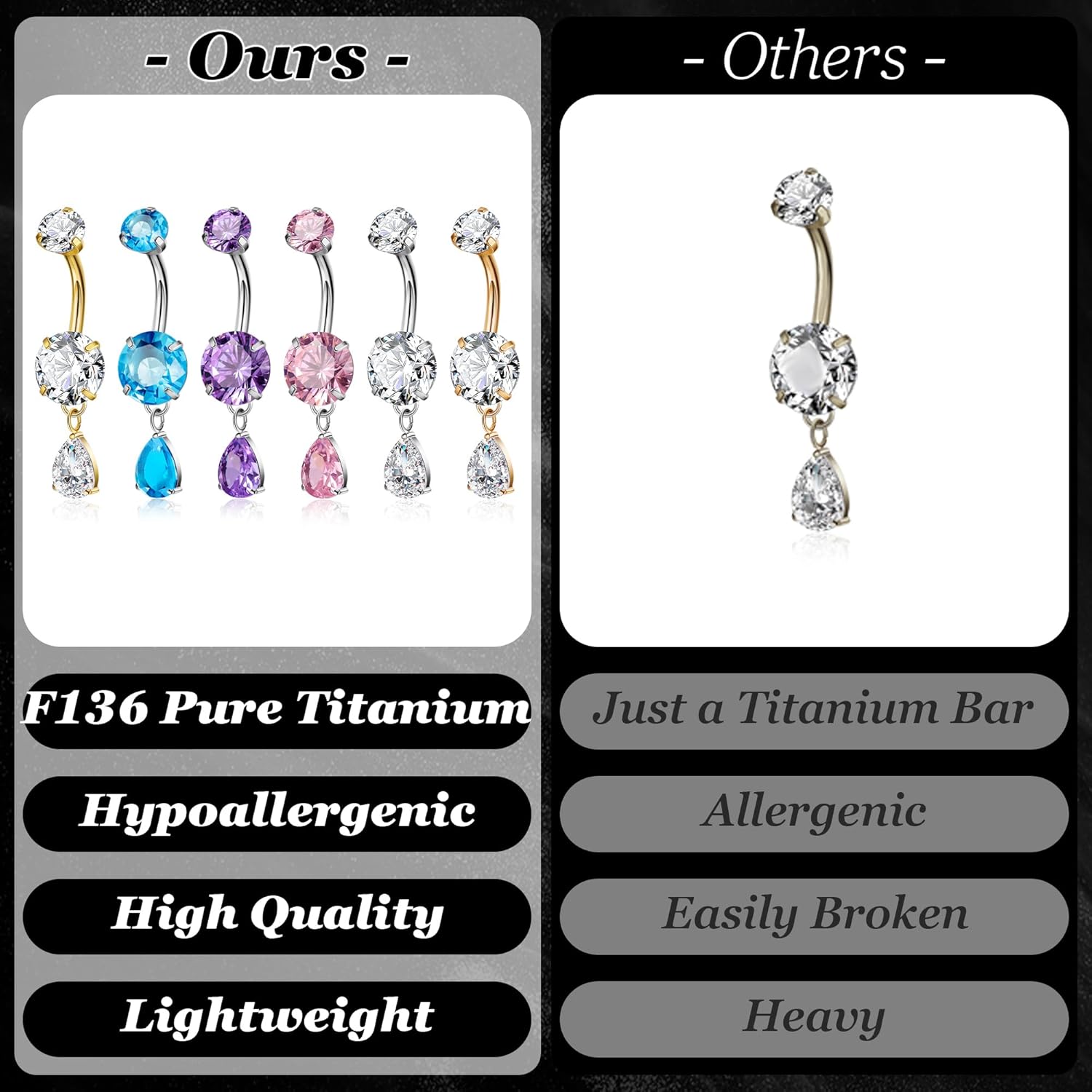 F136 Titanium Dangle Belly Button Ring for Women Dangling Navel Ring Hypoallergenic Teardrop Belly Rings Internally Threaded CZ Belly Piercing Jewelry 10MM - Image 5
