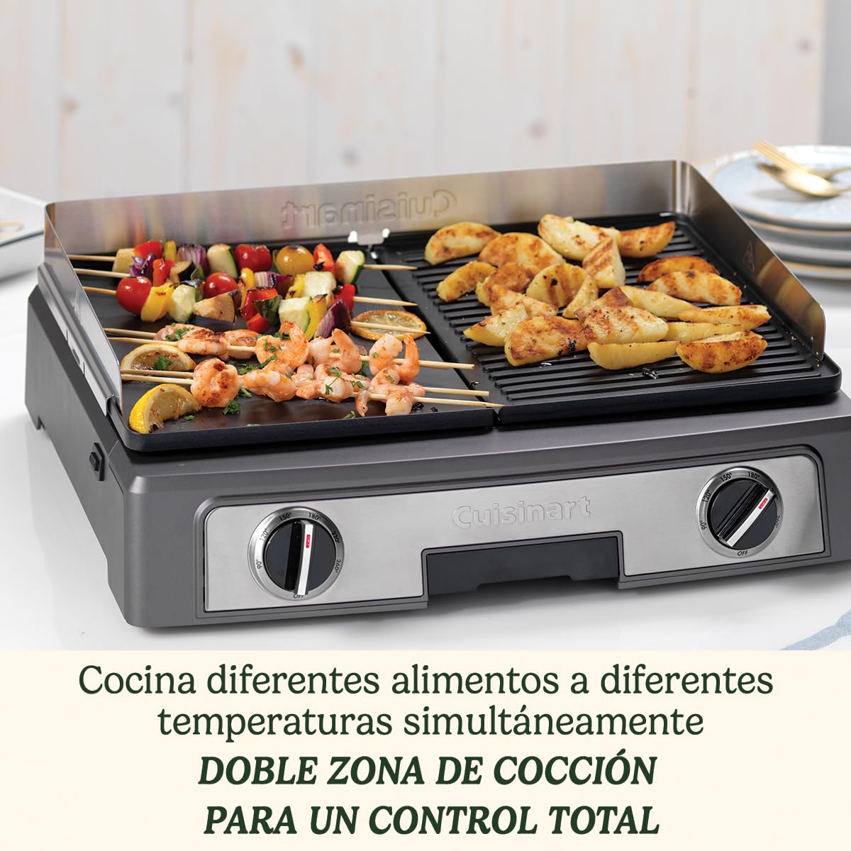 CUISINART PL50E Plancha BBQ Elite, Grill eléctrico, plancha de asar, 2 controles de temperatura independientes de 90° C - 260° C, placa antiadherente, apto lavavajillas, bandeja recoge grasa, 2200 W, Negro/ Acero inoxidable