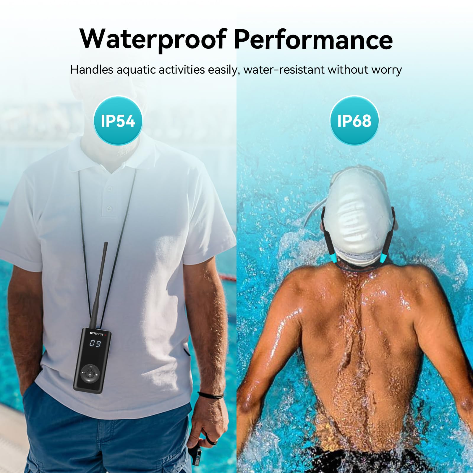 Retekess TT120 Comunicador Para Entrenadores de Natación, Auriculares de Natación Impermeables IP68, Conducción Ósea, Para Guiar el Entrenamiento,Club de Natación, (1 Transmisor, 5 Receptores)