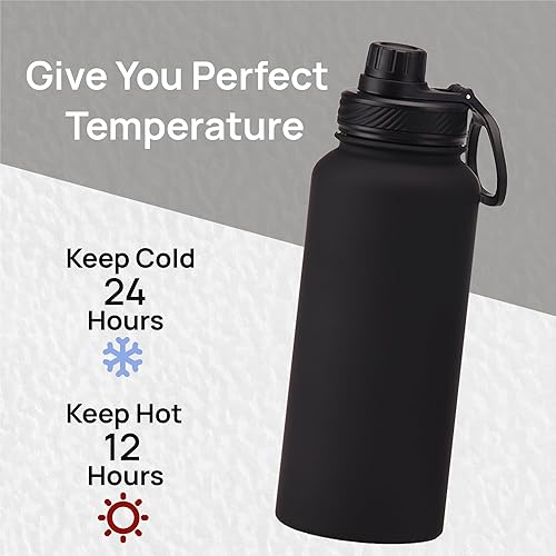 Miniatura 2 de Botella de agua negra aislada de 32 onzas, botella de agua grande de acero inoxidable de metal, botella de agua para hombre, para gimnasio,