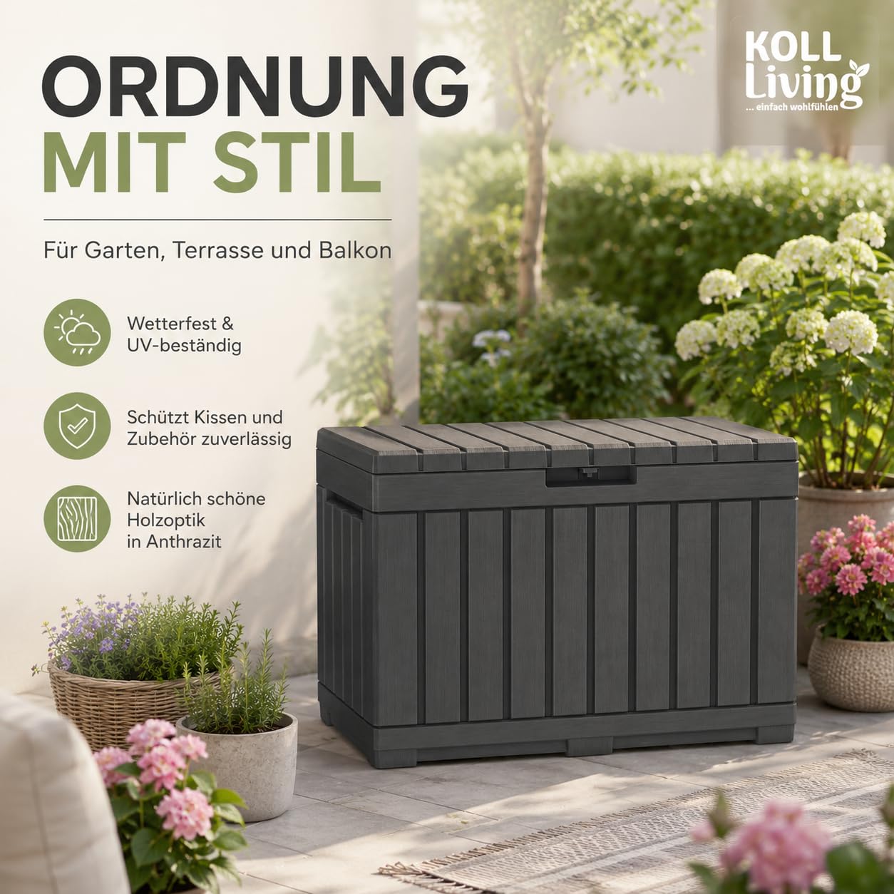 Koll Living Boîte de jardin de 190 l - Anthracite - Boîte de rangement compacte avec beaucoup d'espace pour les coussins de siège, les outils de jardin ou les jouets pour enfants - Garde le contenu au