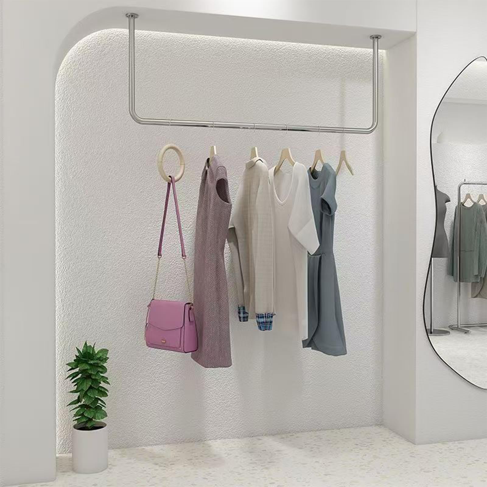 Sklep odzieżowy stojak sufitowy wieszak sufitowy, sprzedaż detaliczna kreatywne półki do przechowywania ubrań ze stali nierdzewnej wieszak na ubrania, butik sklep z ubraniami suknia ślubna
