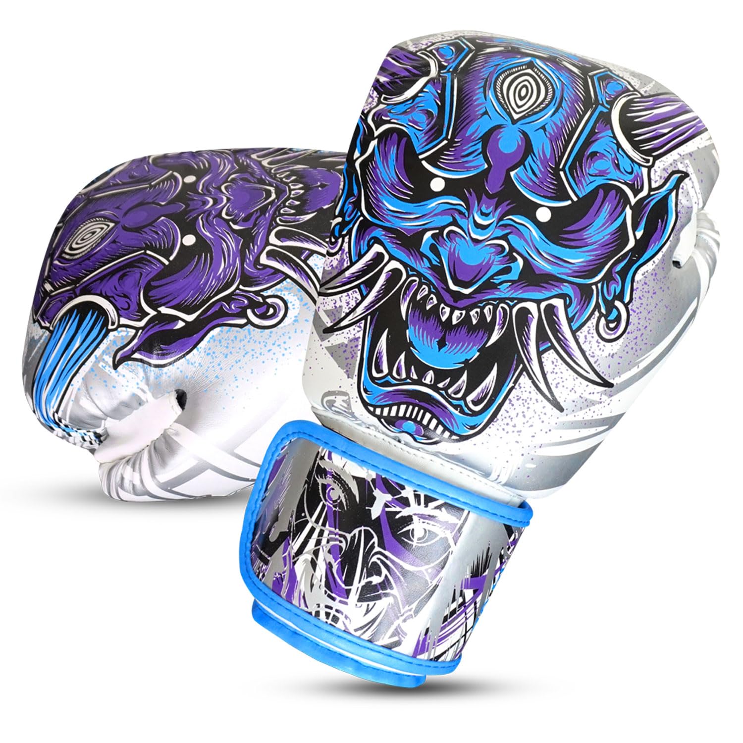Buddha Fight Wear - Guanti da boxe Fantasy - Muay Thai - Kick Boxing - Pelle sintetica tessuto interno resistente agli odori - Cuciture rinforzate - Vari disegni (bianco, 340 g)