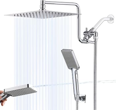 10" High Pressure Rainfall Shower Head with Handheld Combo, Upgrade 12" Extension Arm Height Adjustable, Powerful Stainless Steel Shower Head, Brass Shower Holder Extra Long Shower Hose, Chrome