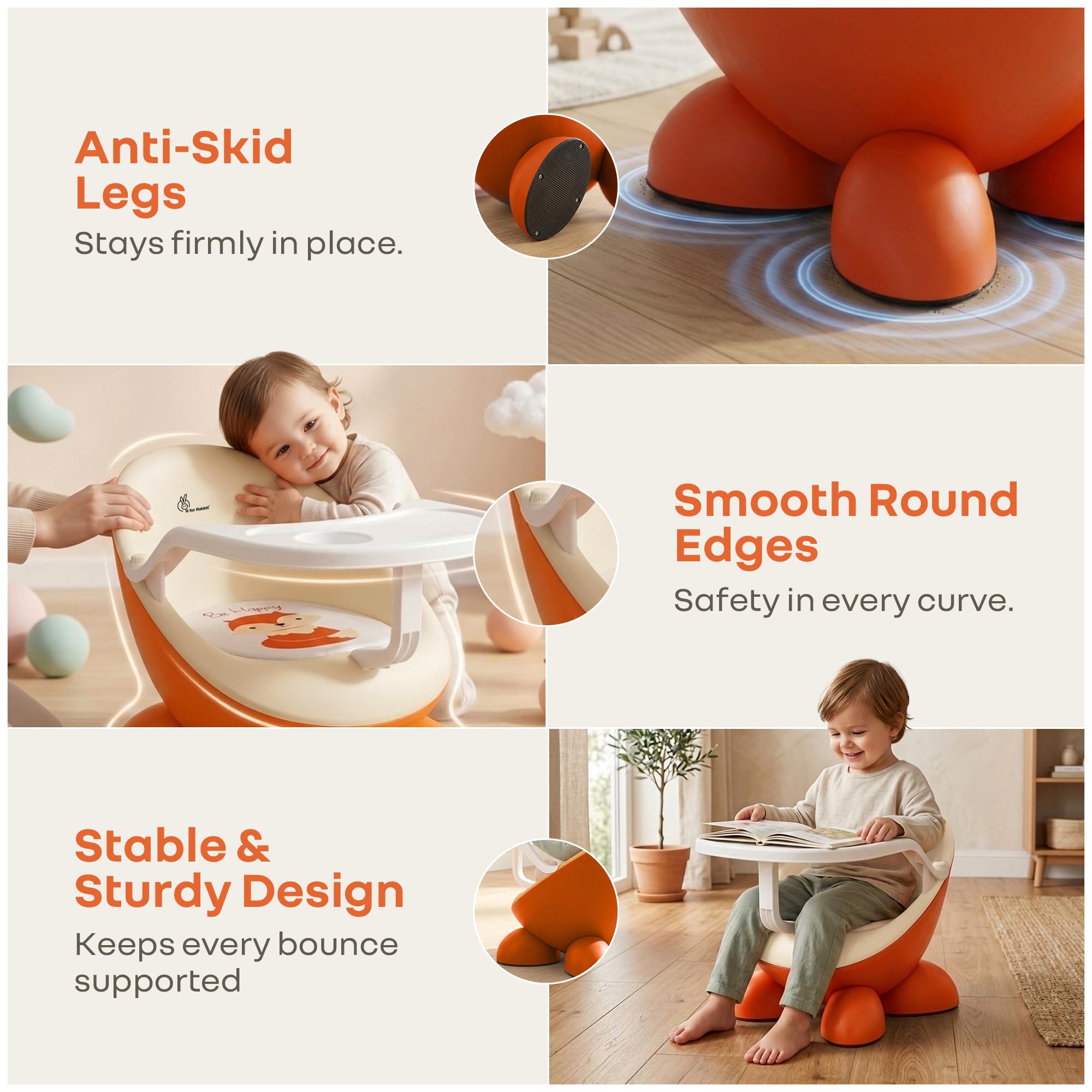 R for Rabbit Jelly Bean Fab 2 in 1 Multi-Functional Baby Study | Meal | Regular Kids Seating Chair with High Backrest for 6-36 Months Kid, Weight Capacity Upto 20Kgs (Cream Orange) 4
