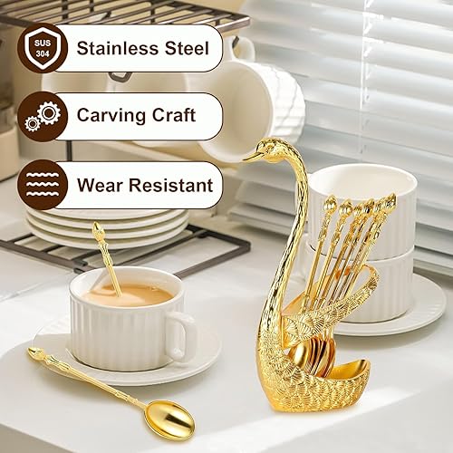 Miniatura 4 de Soporte de cuchara de café plateado, 6 cucharas de acero inoxidable para café con soporte de cuchara de cisne de metal para expreso, hielo y té