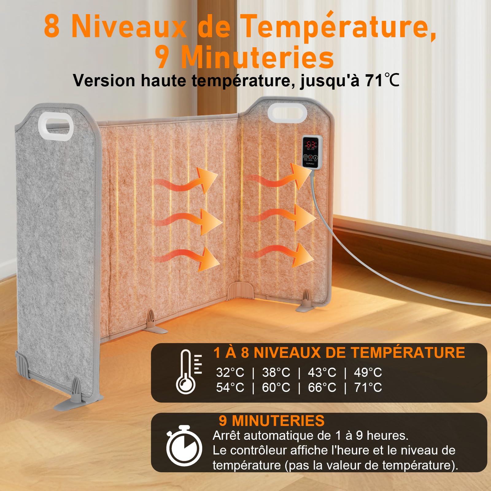 Chauffe-pieds pliable avec couverture, 5 Pliage Grande taille Chauffage sous le bureau, 8 niveaux Version haute temp Réchaud, Minuterie 1-9H, Chauffage d'appoint électrique pour bureau et maison,285 W