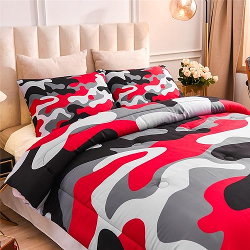 Vista 162 de Meeting Story Juego de ropa de cama de camuflaje, juego de edredón estilo patrón colorido, 5 piezas, un edredón, dos fundas de almohada, dos sábanas