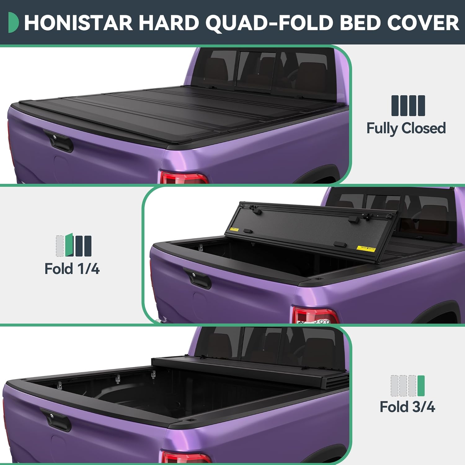 Low-Profile Hard Quad-fold Tonneau Cover Fit for Dodge Ram 1500 New Body 2019 2020 2021 2022 2023 2024 2025 2026, Fleetside 5.7ft Bed Without Rambox