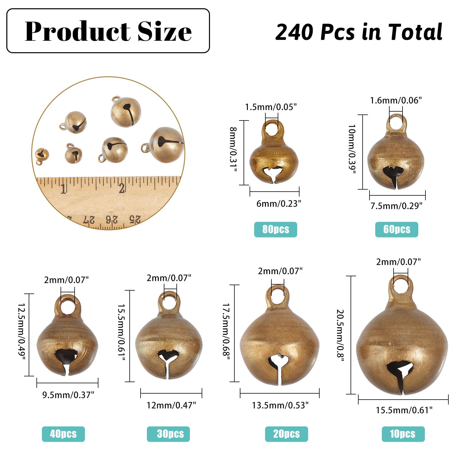 CHGCRAFT 240Pcs 6Sizes Mini Jingle Bell Mini Jingle Bells Tiny Craft Bells for DIY Bracelet Anklets Necklace Knitting Jewelry Making Christmas Decoration, Antique Bronze, 8-20mm