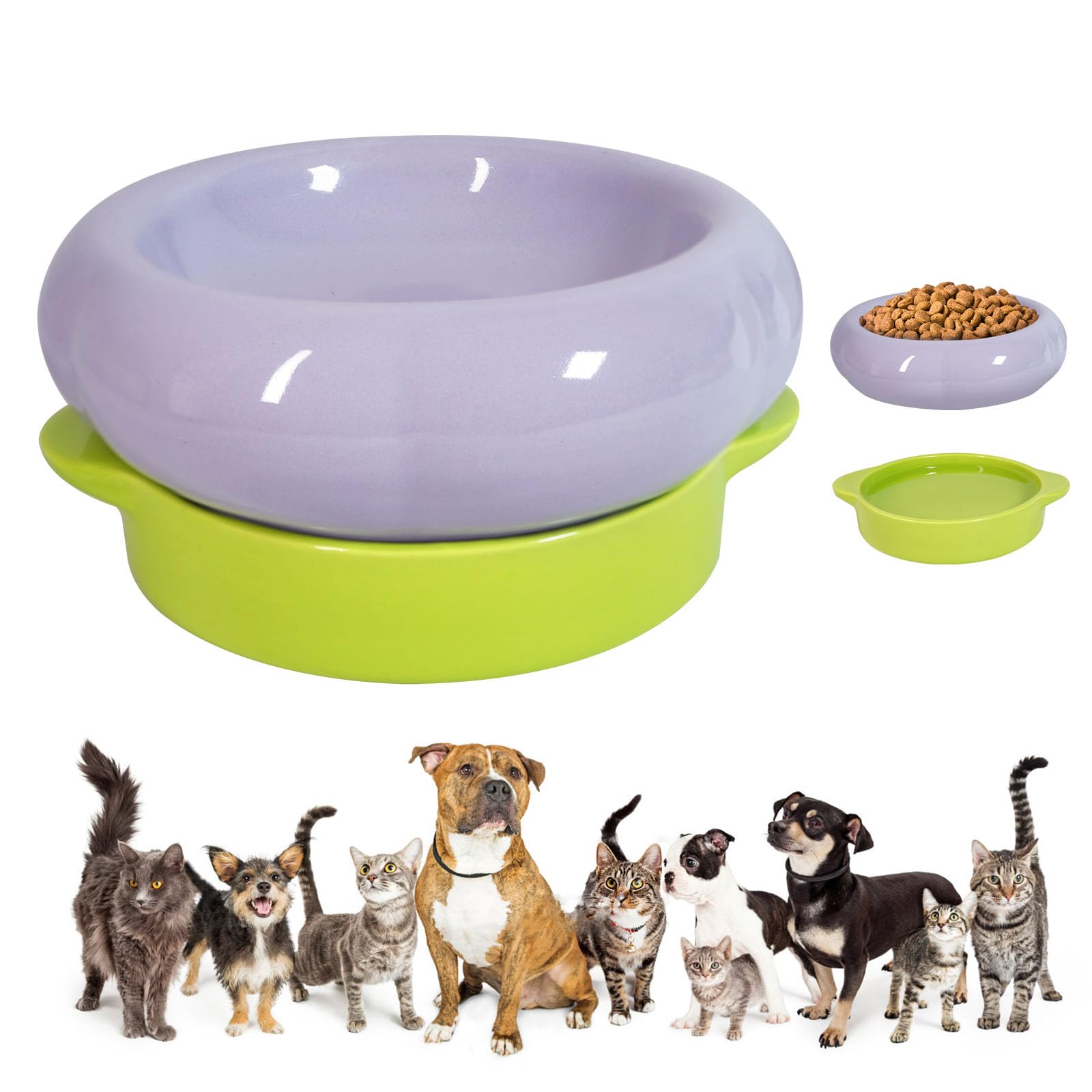 UEUEAHA Ceramic Cat Food Bowl Set of 2,Flower Anti Whisker Fatigue Cat Bowls/Dishes,for Wet Dry Food and Water,Cute Kitten Feeding Shallow Bowls,for Indoor Outdoor, Dishwasher Safe, Non-Slip(Purple)