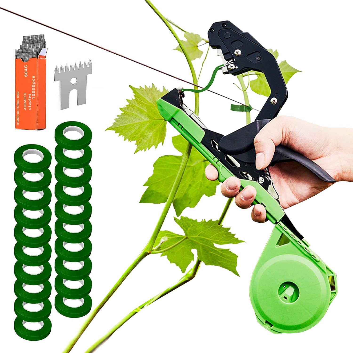 MINGRI Plant Tying Machine Lightweight Green Plant Vine Tying Tool Upgraded Plant Tie Machine Grafting Tape for Climbing with 20 Rolls of Tapes+10000Pcs Staples