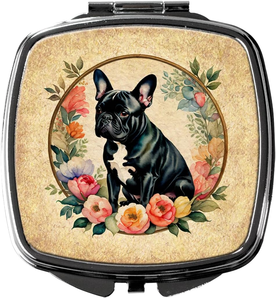 Caroline's Treasures Black French Bulldog and Flowers Compact Mirror Decorative Travel Makeup Mirror for Women Girls Gifts Pocket Makeup Mirror Folding Handheld