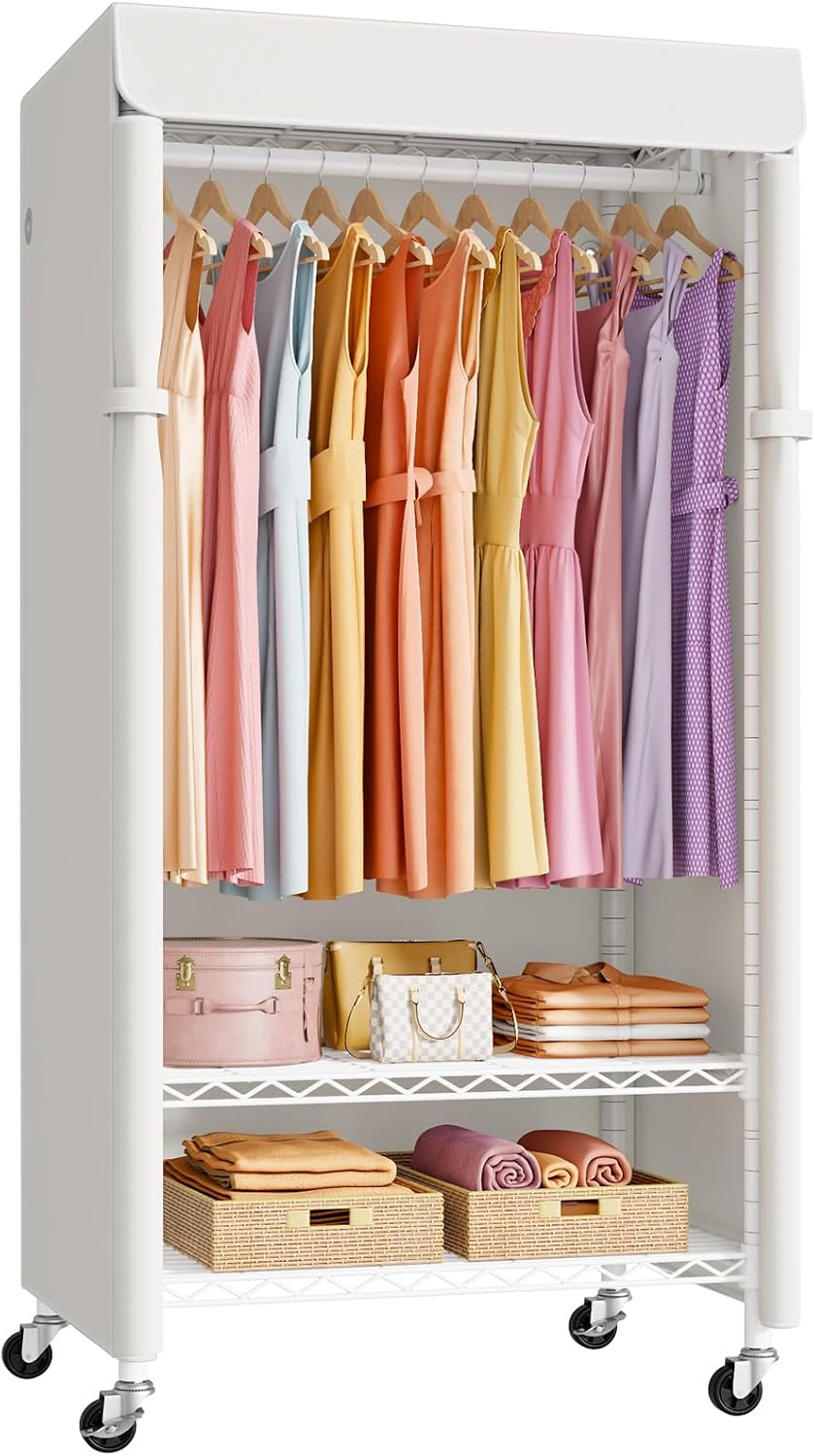 ULIFHOME P6C Medium Rolling Clothes Rack with Cover, Covered Clothing Rack