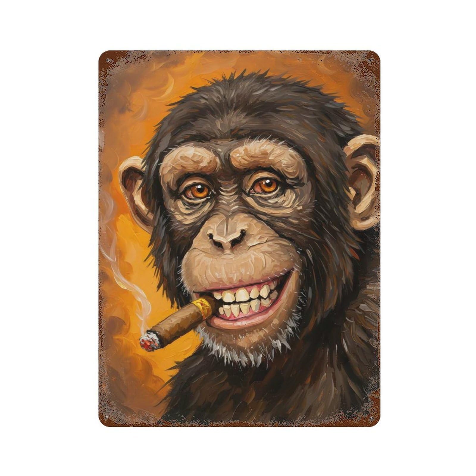 Aged Metal Wall Plaque with Chimpanzee Smoking Cigar Painting Design 15.7"x11.8", for Farmhouse, Kitchen And Entryway Decor, Retro Wall Decor