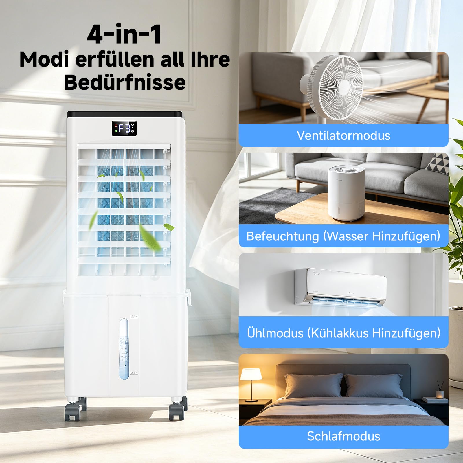 4-in-1 tragbares Klimagerät, Verdunstungsluftkühler mit 10L Wassertank, 4 Modi und 3 Geschwindigkeiten, 1-12h Timer mit Rollen, für Zuhause (Silberweiß)