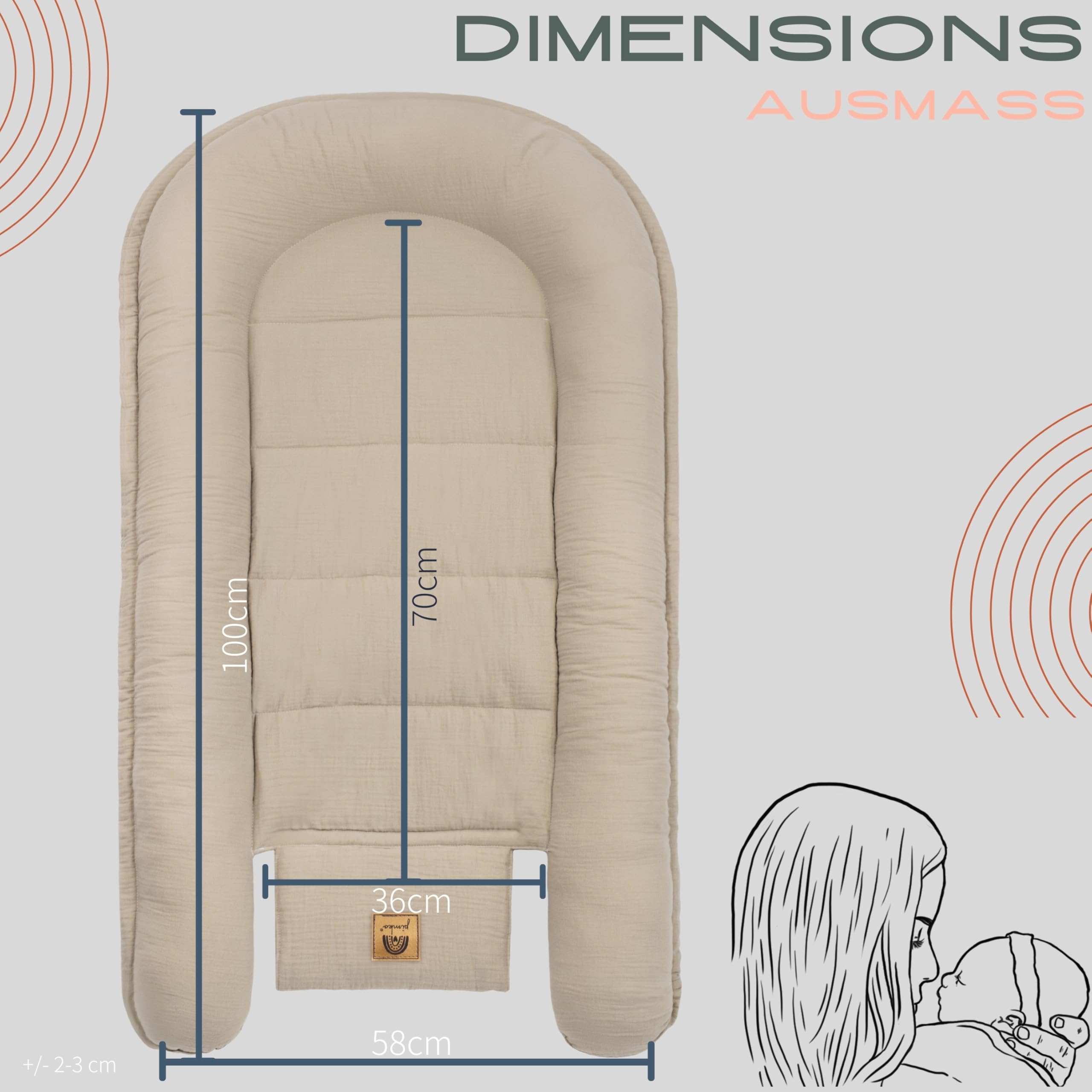 PIMKO Babynest Babynestchen für Baby Kuschelnest Babykokon für Säuglinge und Neugeborene Nestchen 60 x 90 cm 100% Baumwolle Musselin - Beige Latte