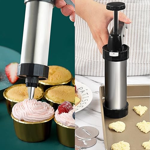 Miniatura 7 de Prensa de galletas, prensa de galletas Spritz para hornear, kit de pistola de prensa de galletas de acero inoxidable con 8 puntas de glaseado y 13