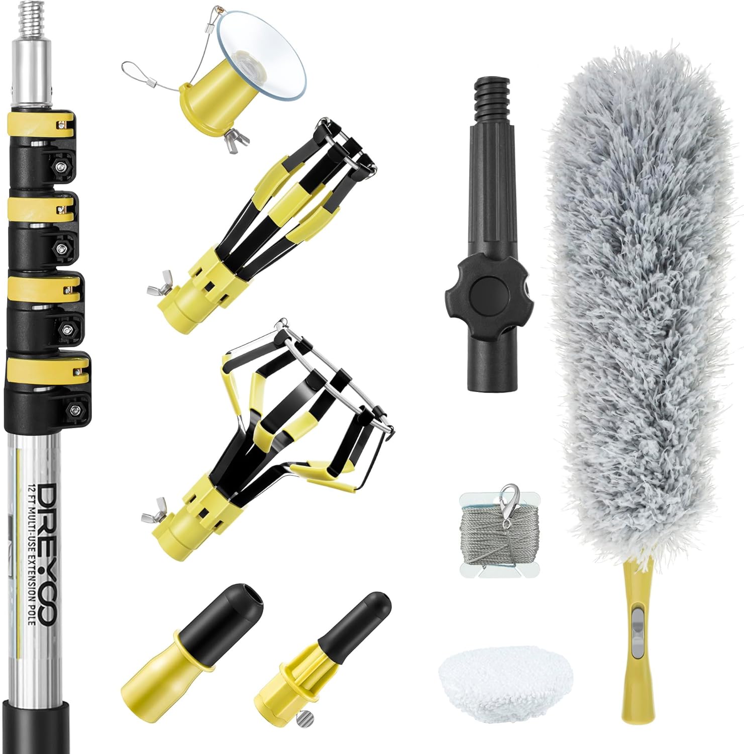 Dreyoo Light Bulb Changer Set with 3 to 12 ft Telescopic Extension Pole, Cage and Suction Cup Light Bulb Changer for High Ceilings and Recessed Lights, with Broken Bulb Changer, Lightbulb Removal Tool