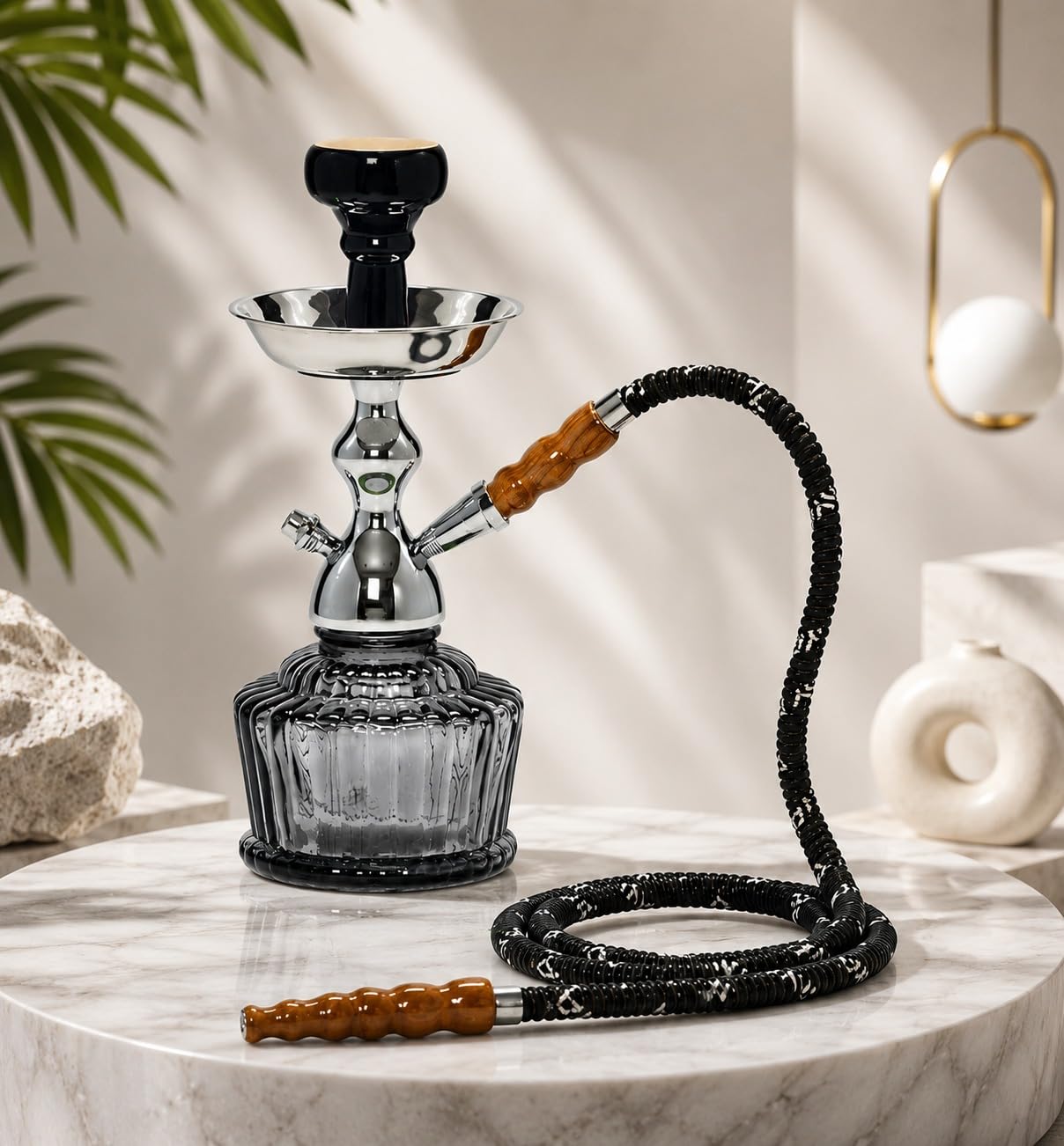 Hookah Set Pot Glass Hookah Set with Metal Plate, Complete Shisha Kit with Accessories, Decorative Design, Black and Silver Household Celebrations wedding Festival Tall Glass Smoking Hookah with Metal Plate Ceramic Complete Collection (Set of 1-picture-10