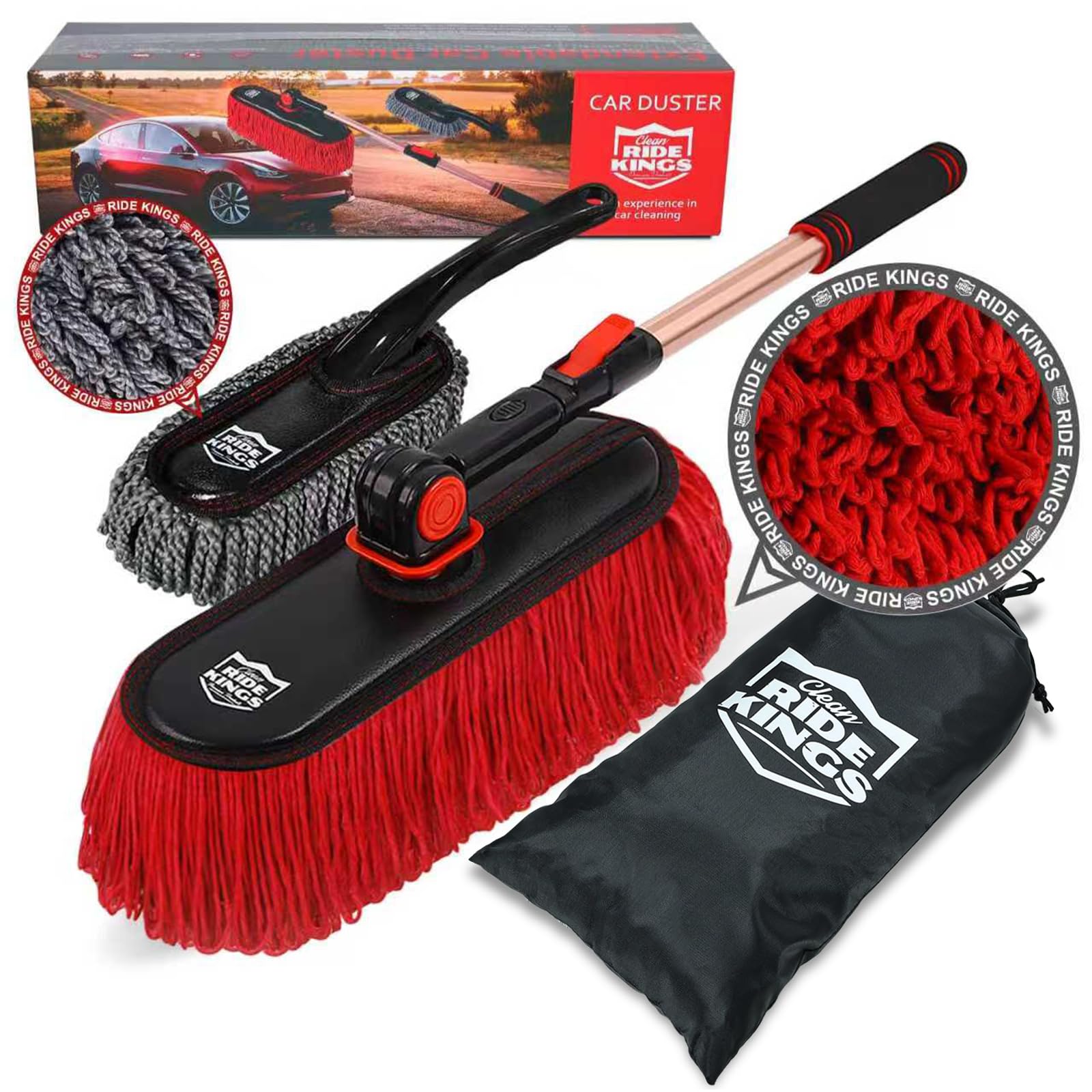 RIDE KINGS Car Duster Exterior Scratch Free,Car Dust Brush with Extendable Telescoping Handle to Remove Dust Pollen,Duster for Car,Truck,RV and Motorcycle,Large Car Mop Duster Head, Wax Cotton Hair