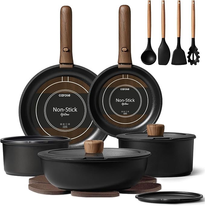 CAROTE 19pcs Pots and Pans Non Stick, Cookware Sets Detachable Handle, Induction Kitchen Pots and Pans,NonStick Cooking Set, Oven/Dishwasher/Fridge Safe, Space Saving