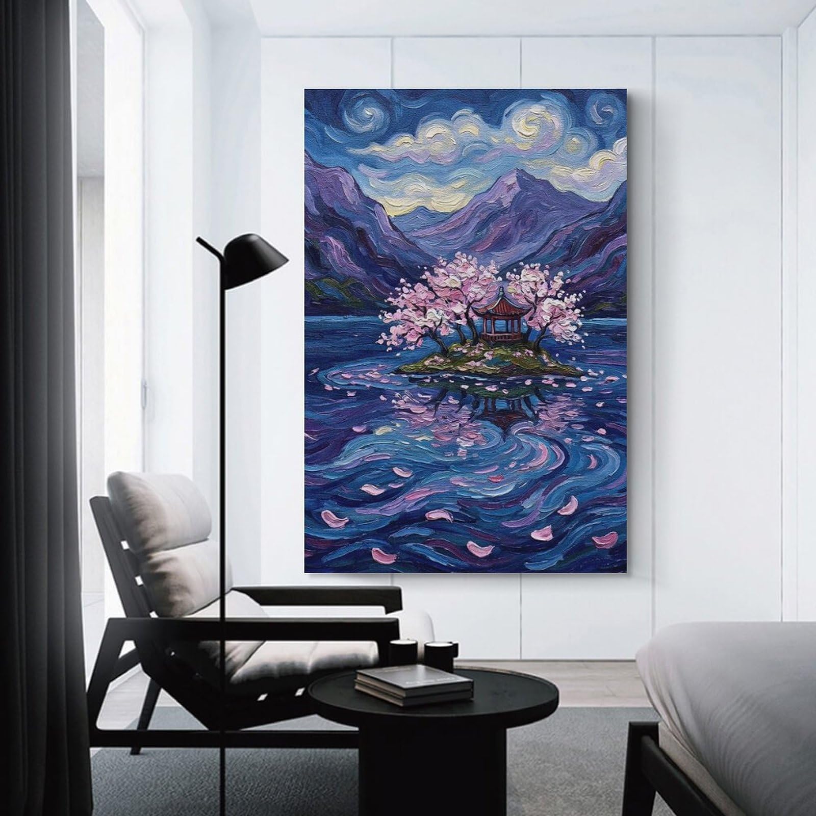 Junmoney Pagoda Island with Cherry Blossoms Home Decor Wall Art, 24x36inch(60x90cm), for Home Walls, Creative Rooms Or Shared Spaces, An Adaptable Decor Piece for Home Use