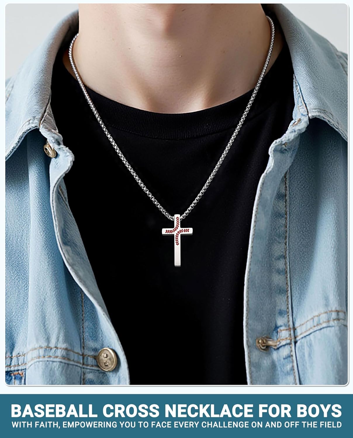 PINKDODO Baseball Bible Verse Cross Necklace for Boys, 18Inch Cross Chain Christmas Birthday Gifts for Boys - Image 2