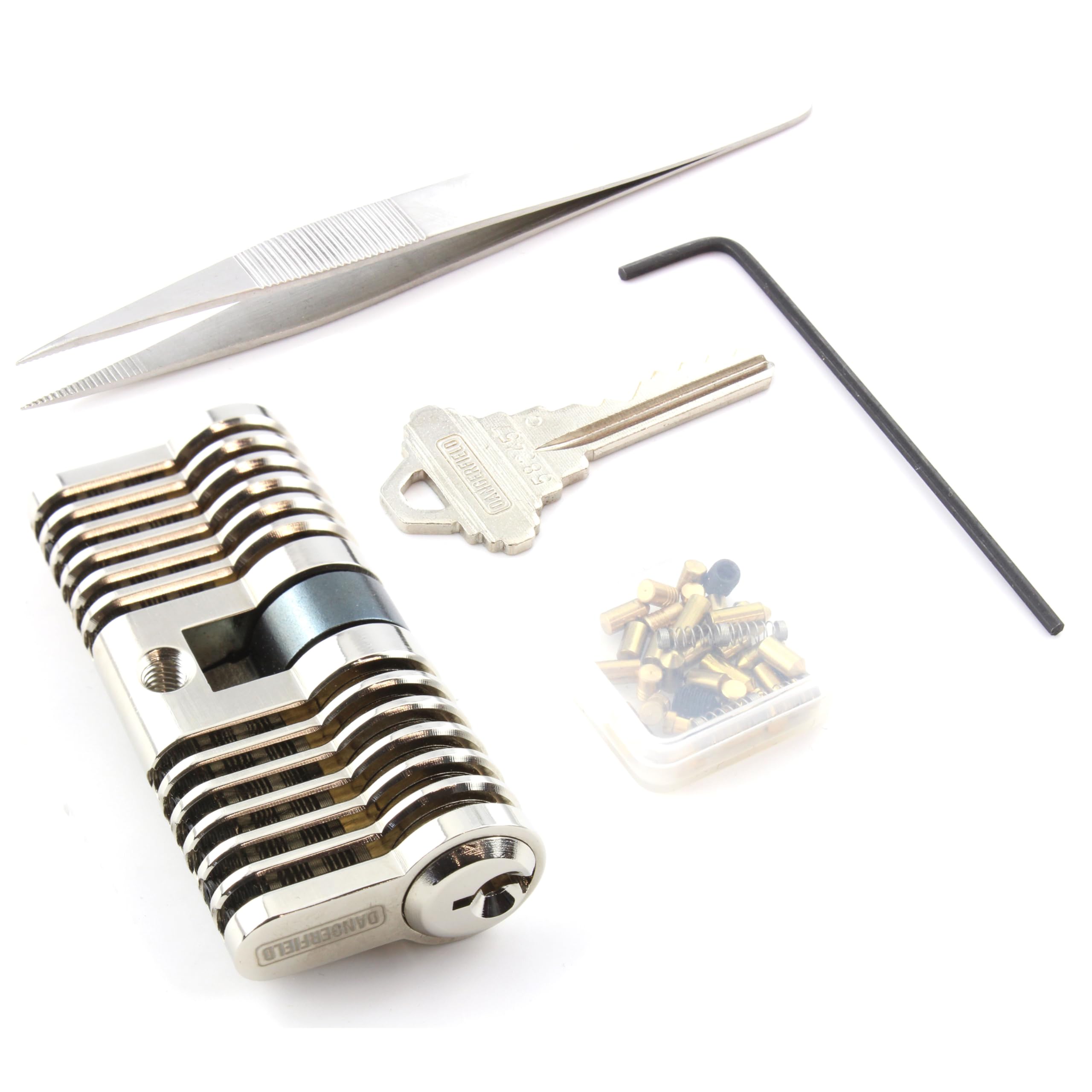 Dangerfield Brushed Aluminium Repinnable Practice Lock + Pins and Tweezers - Essential Training Kit