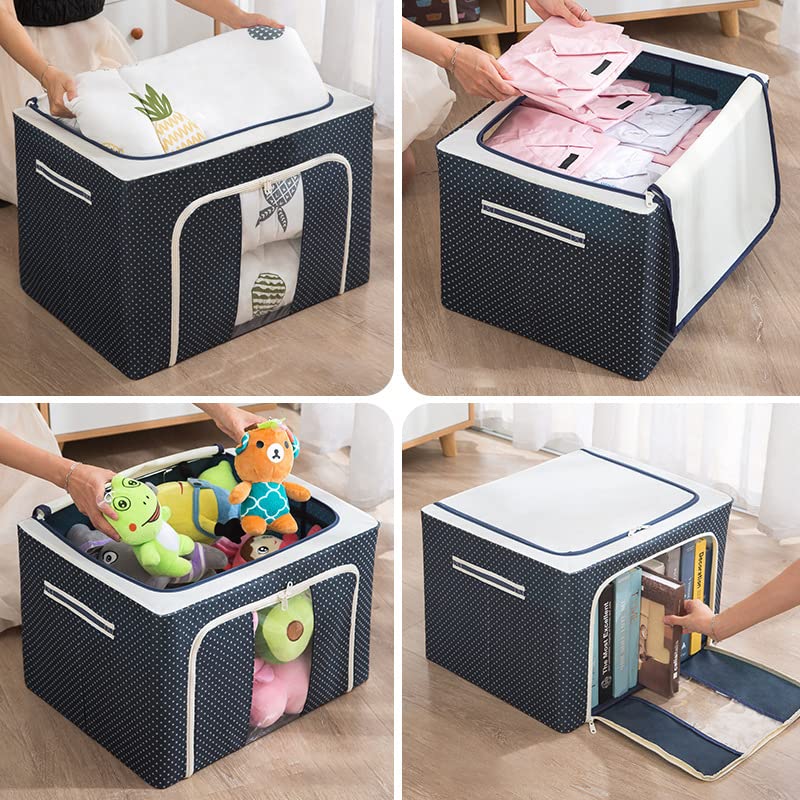 Image of Storage Box and Organiser for Clothes | Cloth Organizer for Storage | Clothes Wardrobe Organizer for Storage | Fits in Small Closet & Room Corner | 24 Ltr Set of 2, Blue Polka