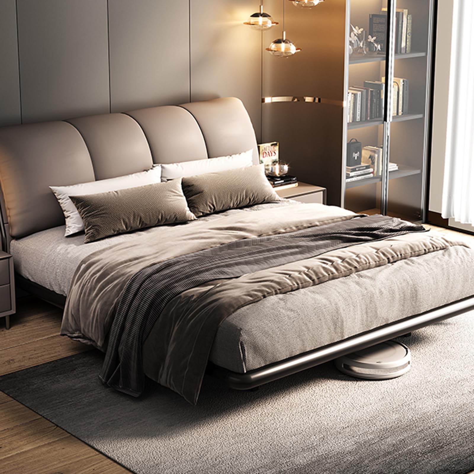King Size Upholstered Platform Bed Frame with Headboard and Lift Up Storage Genuine Leather Wood Bed No Box