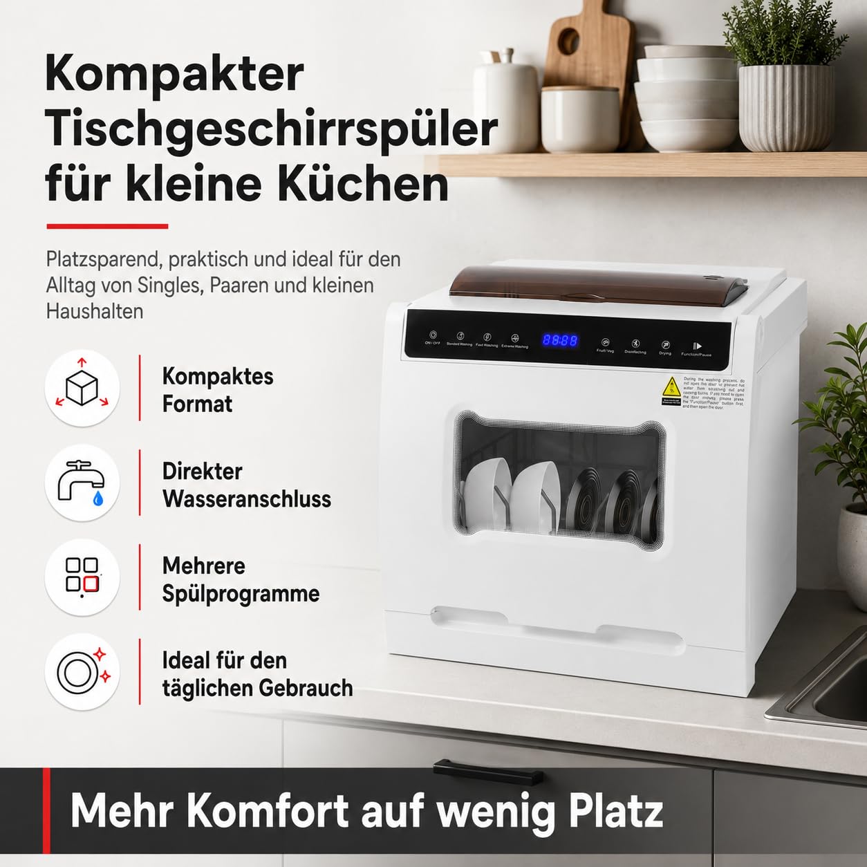 Tischgeschirrspüler 800W 6 Programme 72h Heißlufttrocknung für 4-6 Pers | Mini Spülmaschine 0.58kWh/3.5L, 52dB leiser Desktop-Dishwasher mit Messerbox & 360° Sprüharme für Wohnung/Wohnmobil