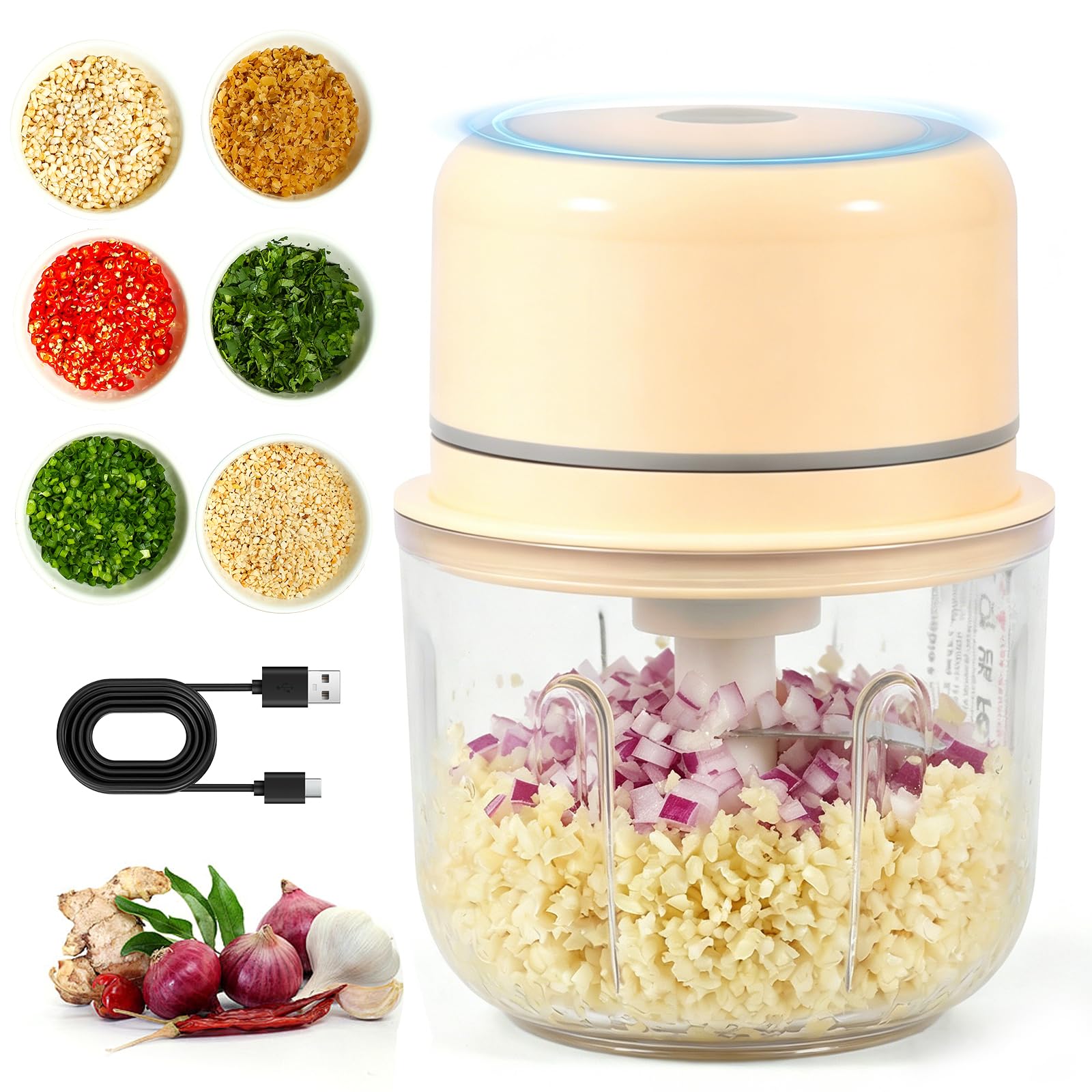 Mini Food Processor, 450ml Mini Food Chopper Electric Veg Chopper Small Blender with 6 Blades, USB Charging Food Blender for Garlic Onion Fruit Meat Ginger, Kitchen Gadget