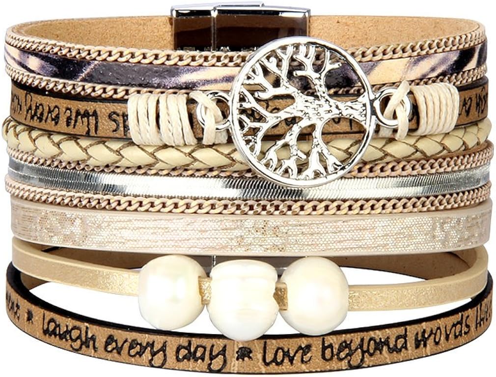 JAOYU Boho Bracelets for Women Leather Cuff Bracelet Tree of Life Bangle Pearl Handmade Jewelry for Teen Girls, Mother Gifts