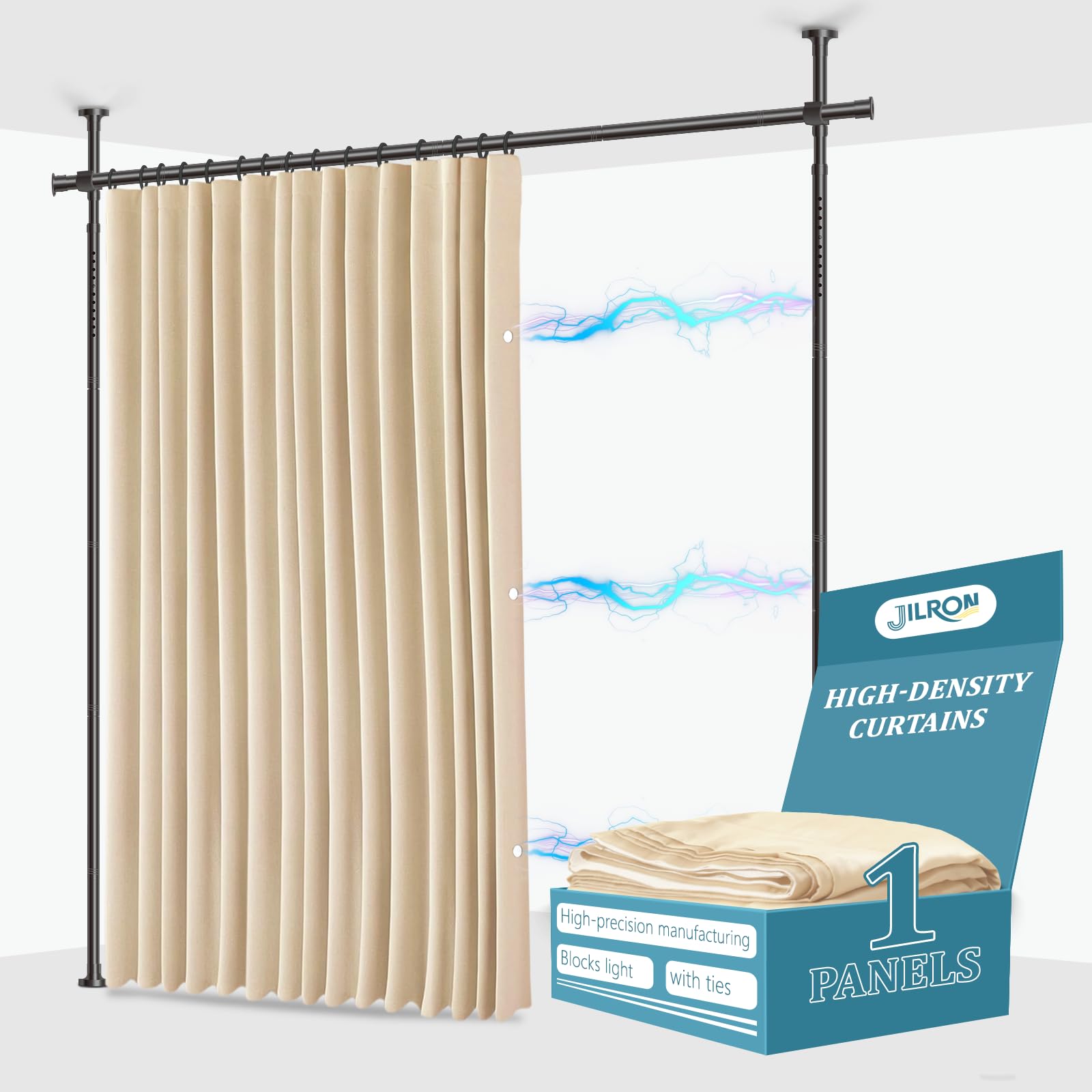 JILRON No-Drill Room Divider Curtain Set: Includes 106" W x 84" L Beige Curtain & Adjustable Pole Brackets (35-100" W x 43-120" H Adjustable Range) — image 1