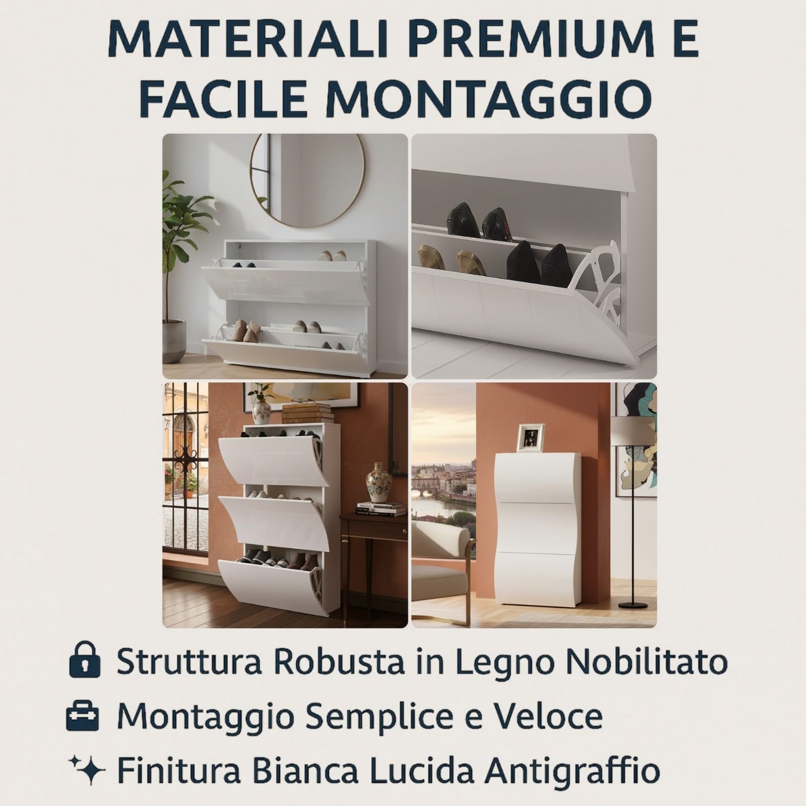 Web Convenienza Scarpiera Slim Moderna Made in Italy - 24 Paia di Scarpe, Salvaspazio con Ante a Ribalta in Legno - Mobile da Ingresso modello Mare Bianca Lucida (4 Ante)