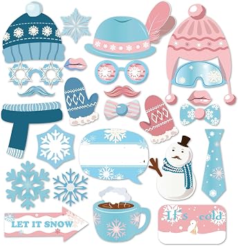 Snowman Photo Booth Props,Winter Wonderland Snow Photo Booth Props,Snow Booth Props25CT,Snowflake Party Decoration with Stick
