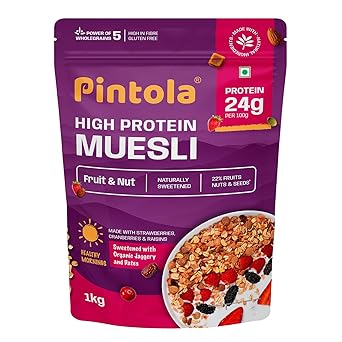Pintola 24g High Protein Muesli, Fruit & Nut, 1kg | Gluten-Free, Naturally Sweetened with Organic Jaggery & Dates, 22% Fruits, Nuts & Seeds, No Refined Sugar, Healthy Breakfast Cereal - image, photos