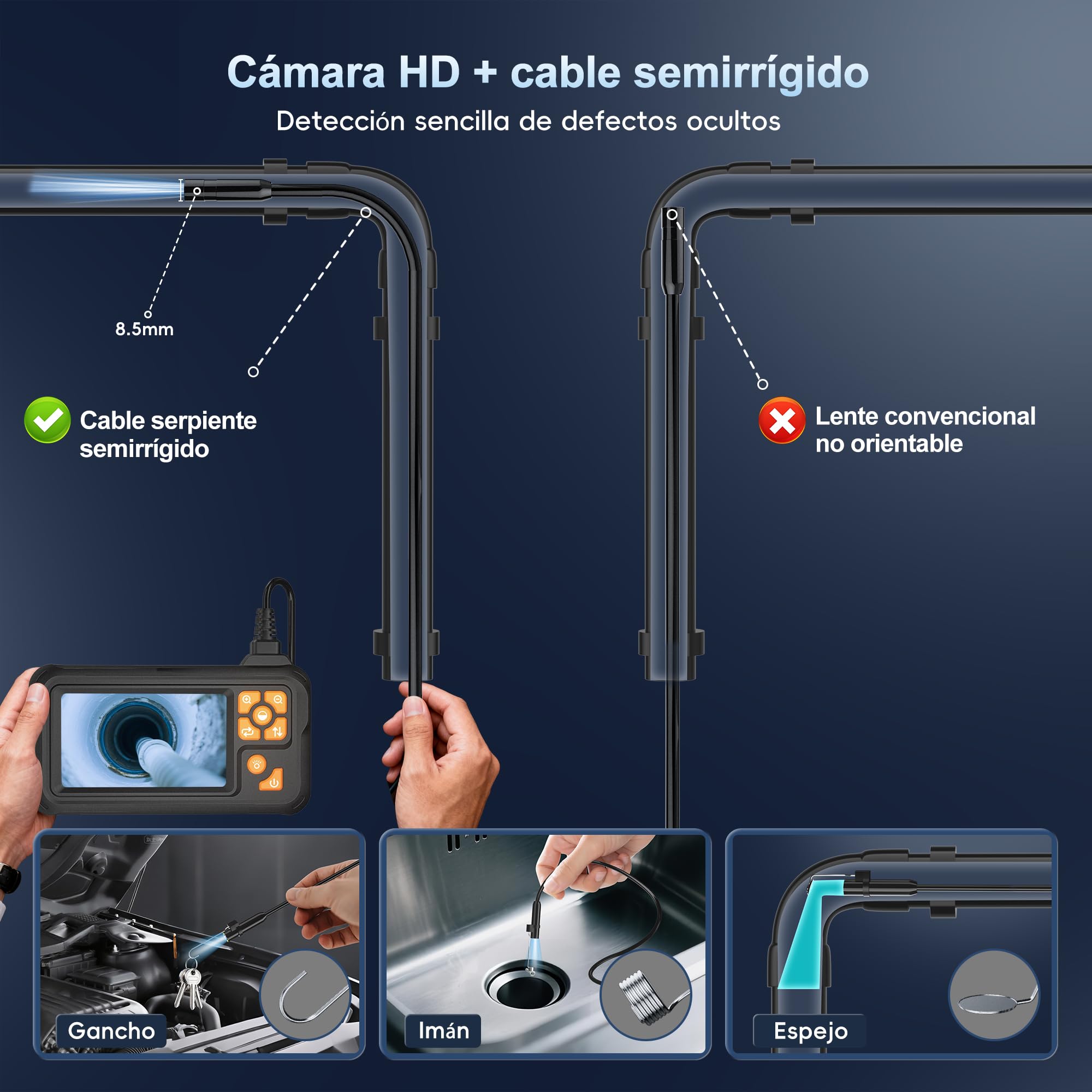 15m Cámara Endoscopio con Luz,Cámara de Inspección Borescópica 1080P HD con 8 Luces LED,Herramienta de Desagüe Impermeable IP67 con Pantalla IPS de 4.3",Cable Semirrígido para Automóviles y Fontanería
