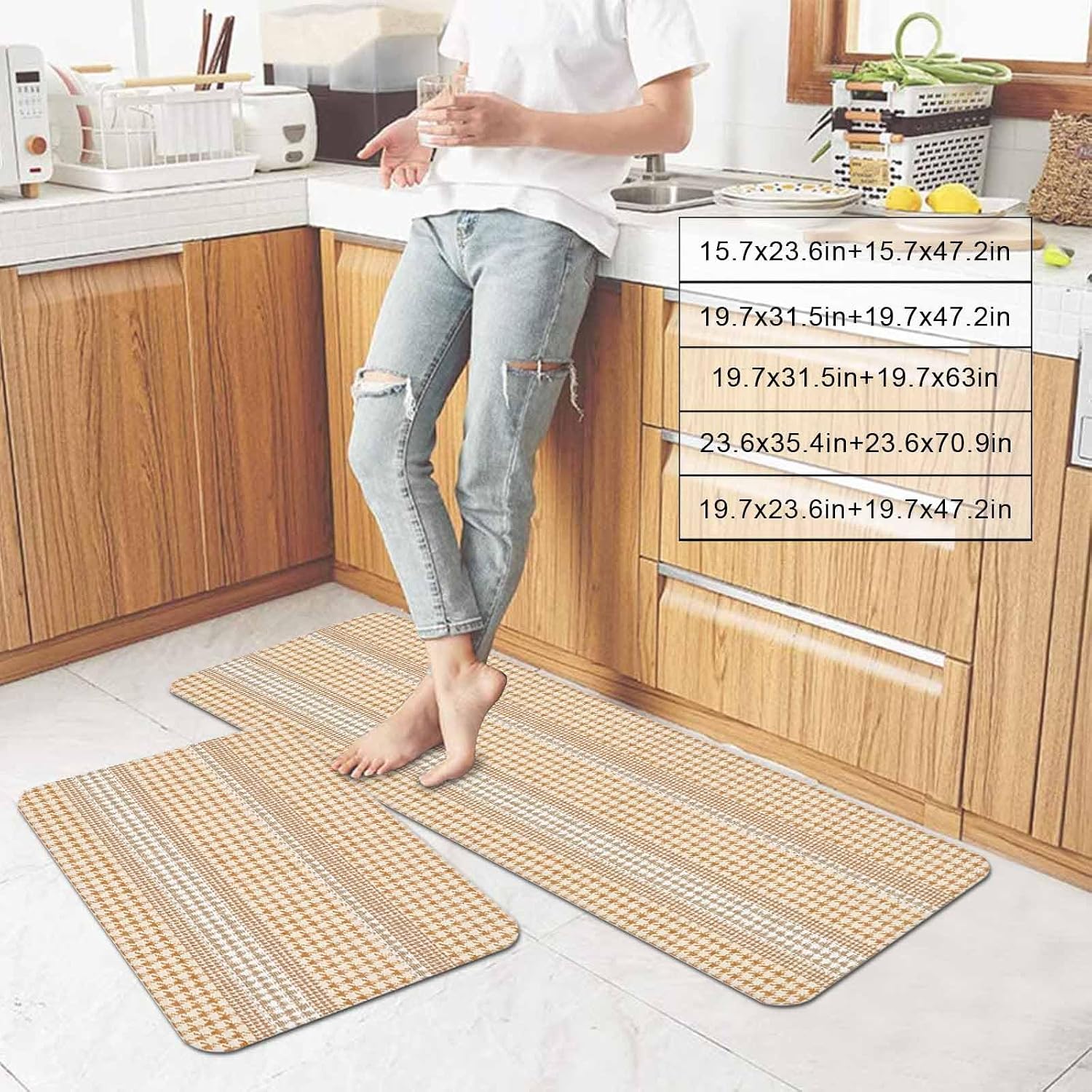 Prime Leader Brown Striped Plaid Kitchen Mat Set 2 Pieces Farmhouse Country Pastoral Style Non Slip Kitchen Rugs Washable Runner Rug Mats for Floor Sink Laundry Office 19.7" x 31.5"+19.7" x 47.2"