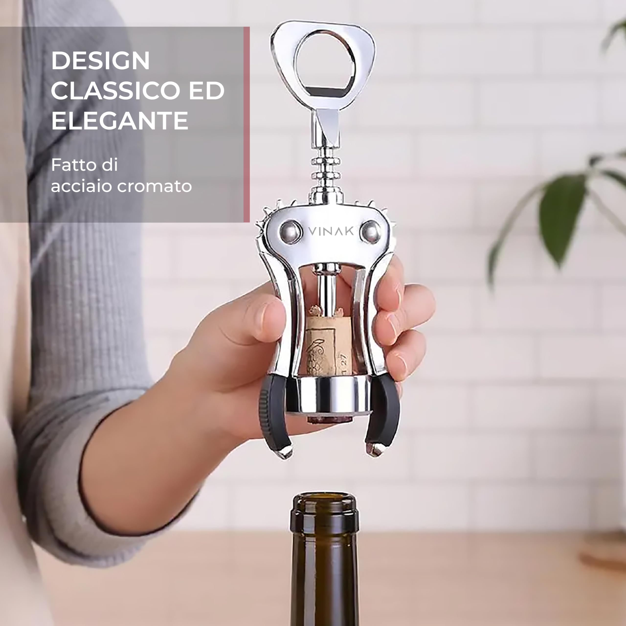 Cavatappi Ad Ali VINAK Con Apribottiglie - Acciaio Cromato, Design Ergonomico - Foto 4