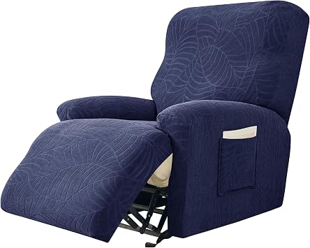 Stretch Recliner Chair Cover, 4-Pieces Soft Jacquard Recliner Slipcovers Lazyboy Reclining Covers Non Slip Furniture Protector with Pocket Navy