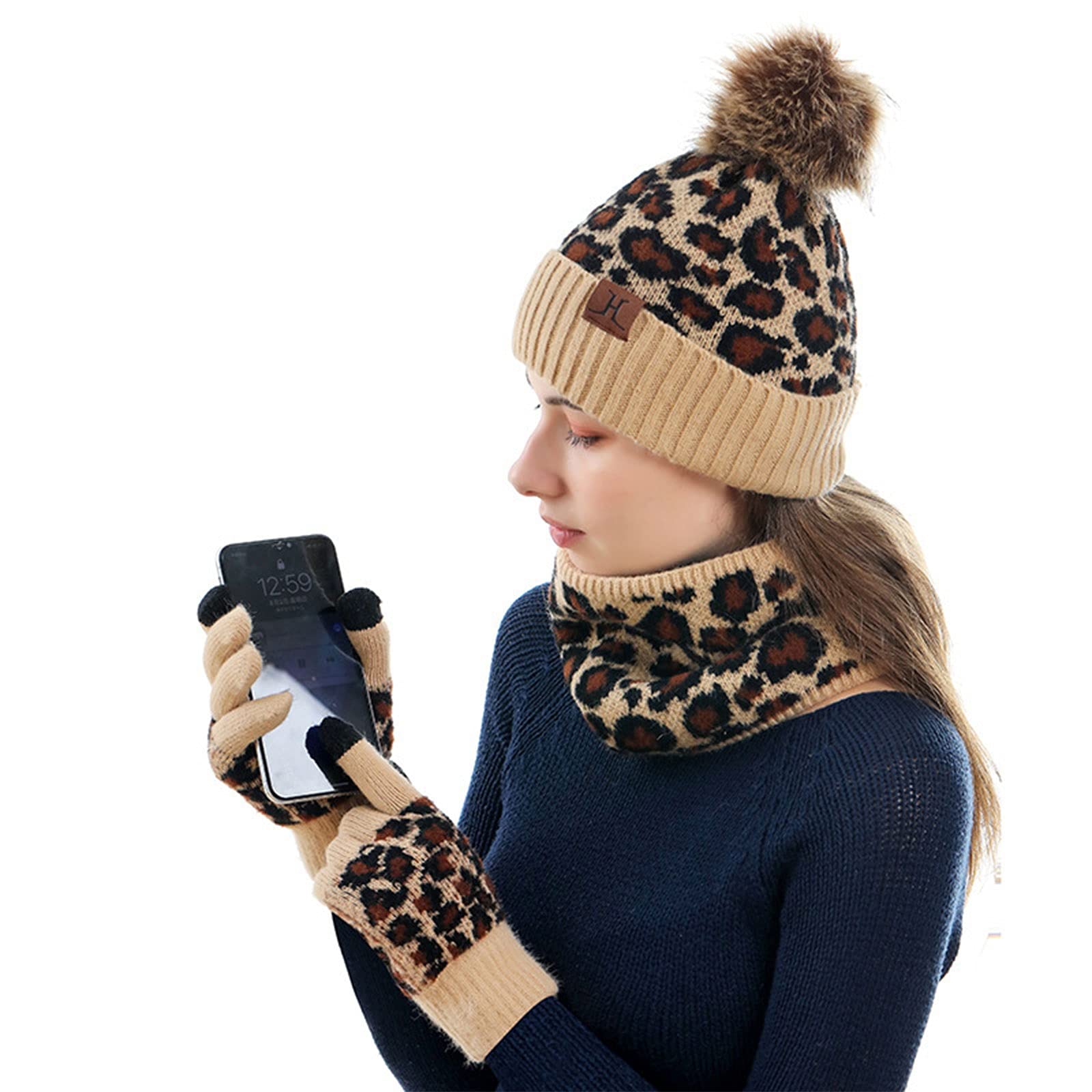Wygwlg Donna Inverno 3 Pezzi Beanie Hat Sciarpa Lunga Guanti Touch Screen Set, Stampa Leopardata Spessa Fodera in Peluche Lavorato a Maglia Beanie cap Guanti Scaldacollo (Color : Beige, Size : 350g)